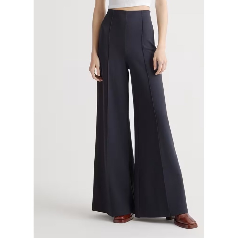 Quince Ultra-Stretch Ponte Wide Leg Pants Navy High Rise Pintuck Size S Long NWT